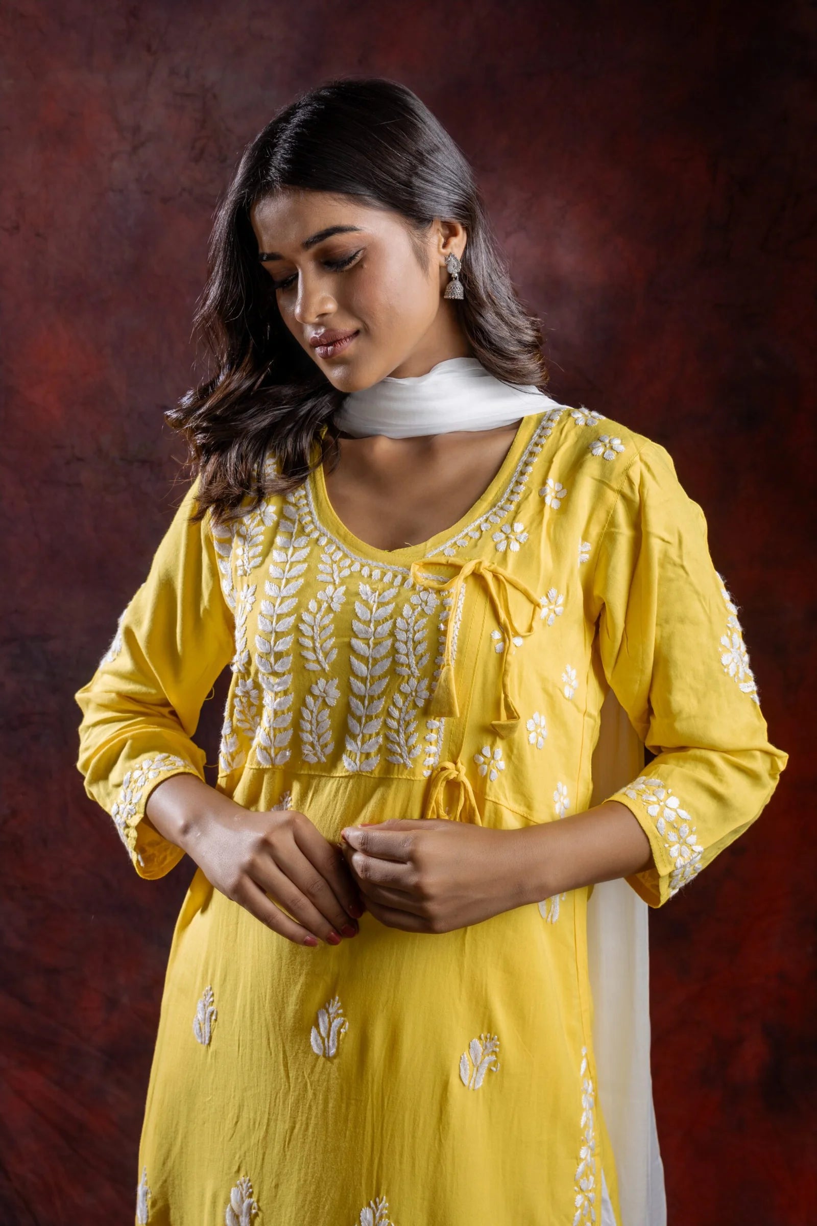 Ishq Rayon Yellow Angrakha Style Chikankari kurta