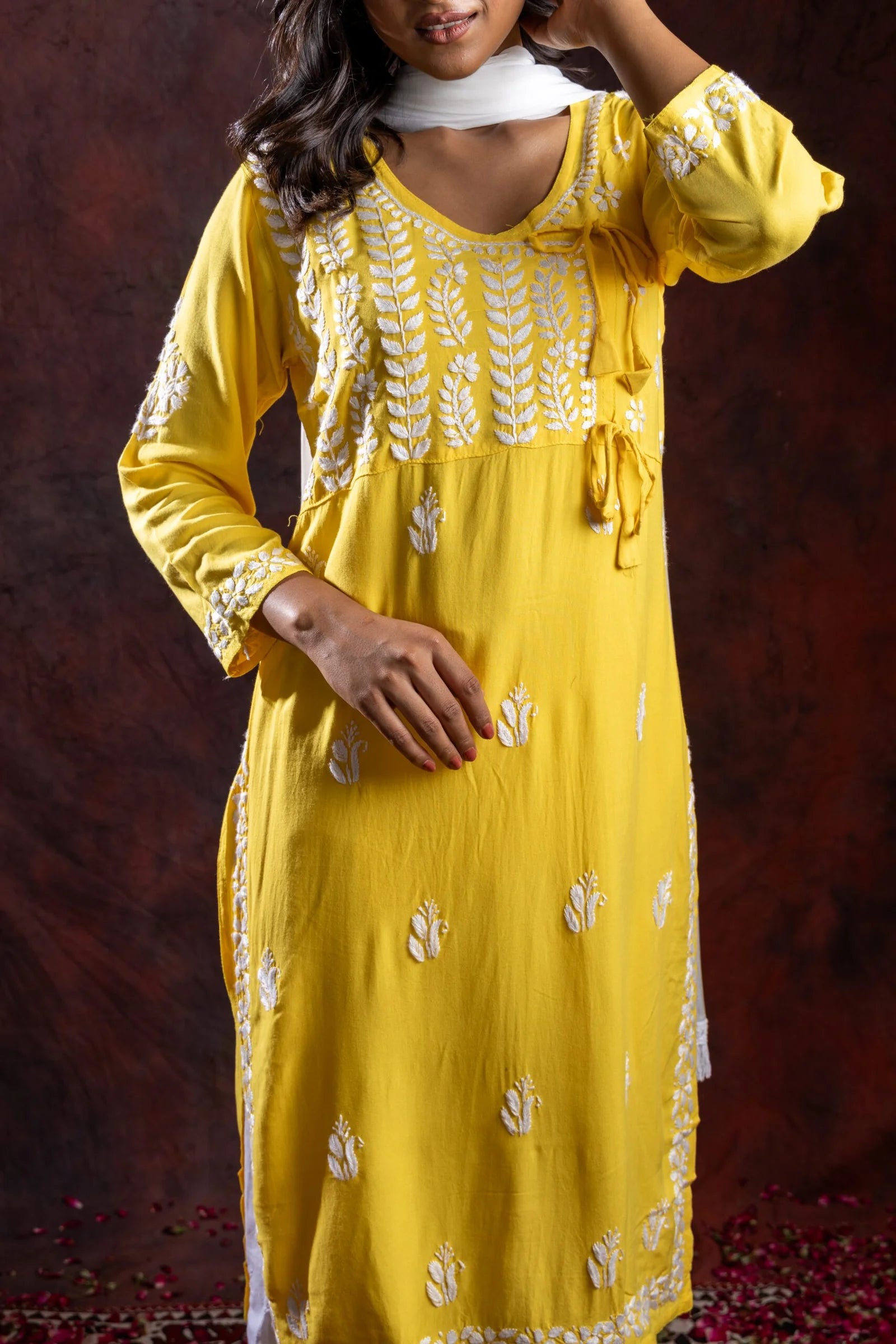 Ishq Rayon Yellow Angrakha Style Chikankari kurta