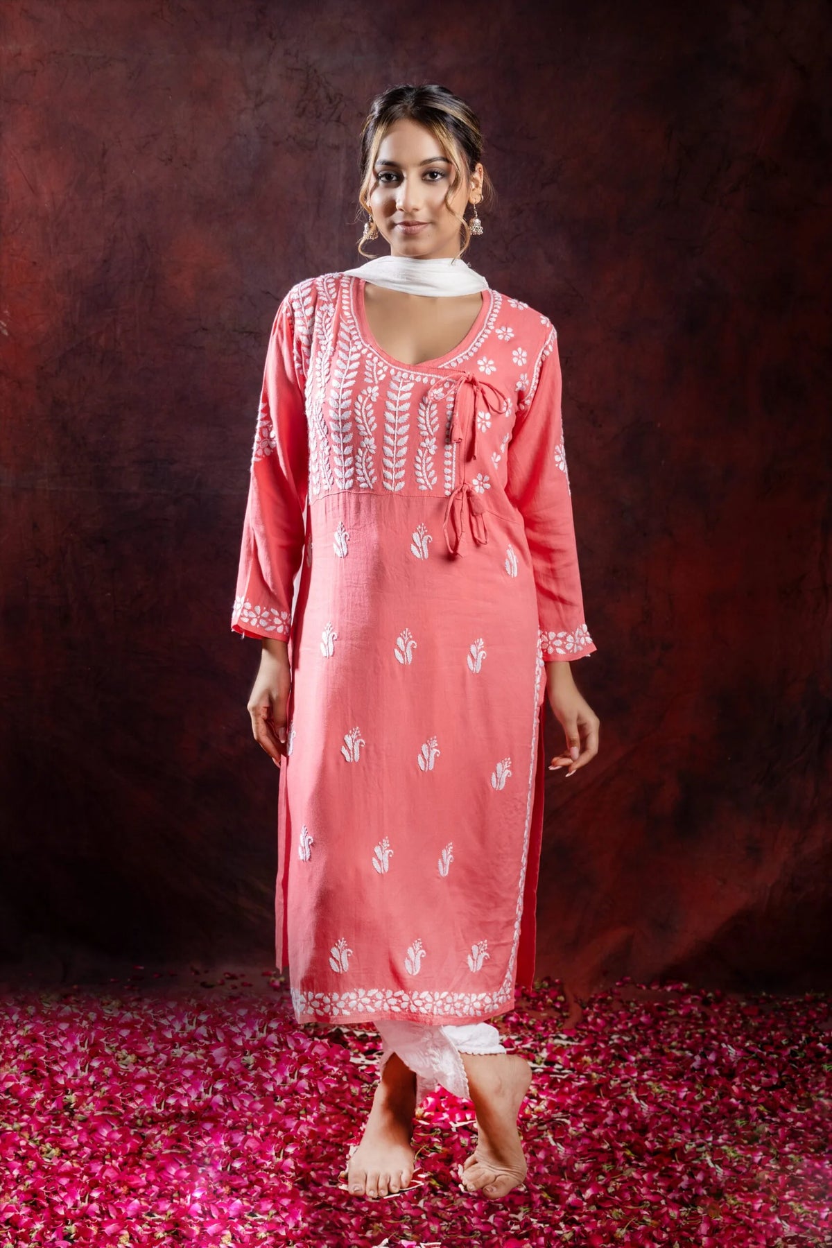 Ishq Rayon Blush Pink Angrakha Style Chikankari kurta