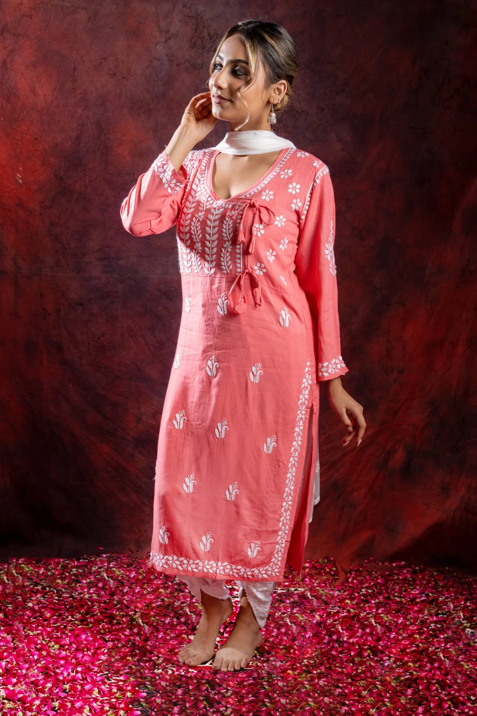 Ishq Rayon Blush Pink Angrakha Style Chikankari kurta