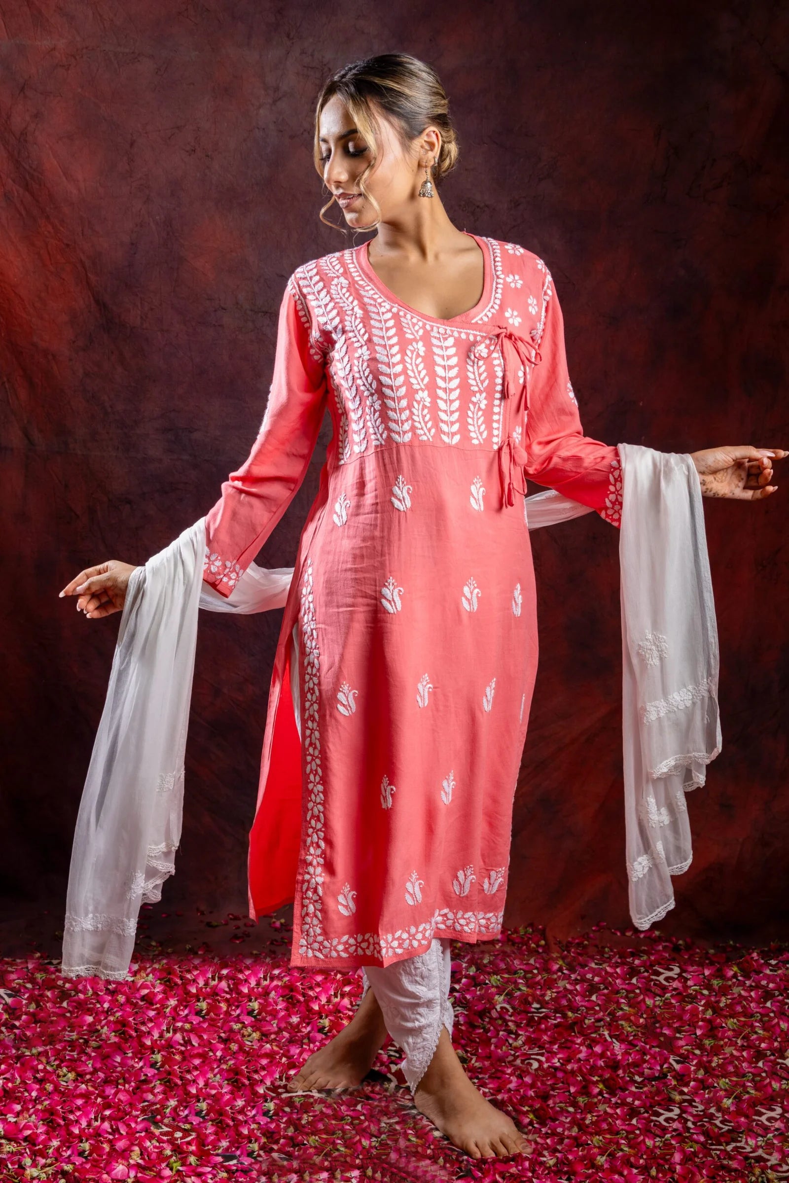 Ishq Rayon Blush Pink Angrakha Style Chikankari kurta