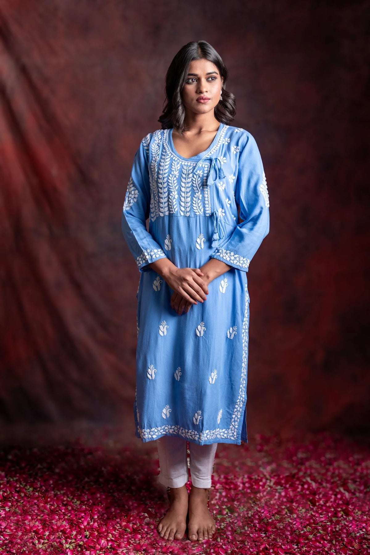 Ishq Rayon Blue Angrakha Style Chikankari kurta