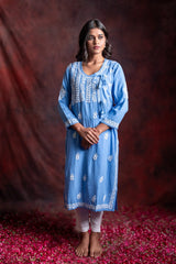 Ishq Rayon Blue Angrakha Style Chikankari kurta