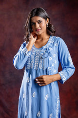 Ishq Rayon Blue Angrakha Style Chikankari kurta