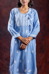 Ishq Rayon Blue Angrakha Style Chikankari kurta