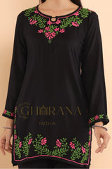 Ishq Modal 2 PC Black Chikankari Short Kurta set in Green and Pink