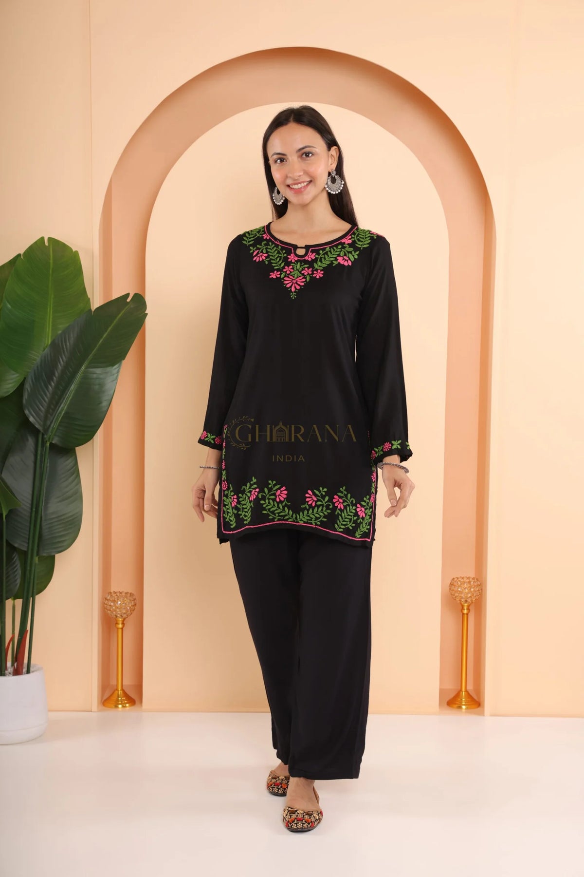 Ishq Modal 2 PC Black Chikankari Short Kurta set in Green and Pink