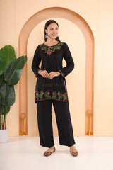 Ishq Modal 2 PC Black Chikankari Short Kurta set in Green and Pink