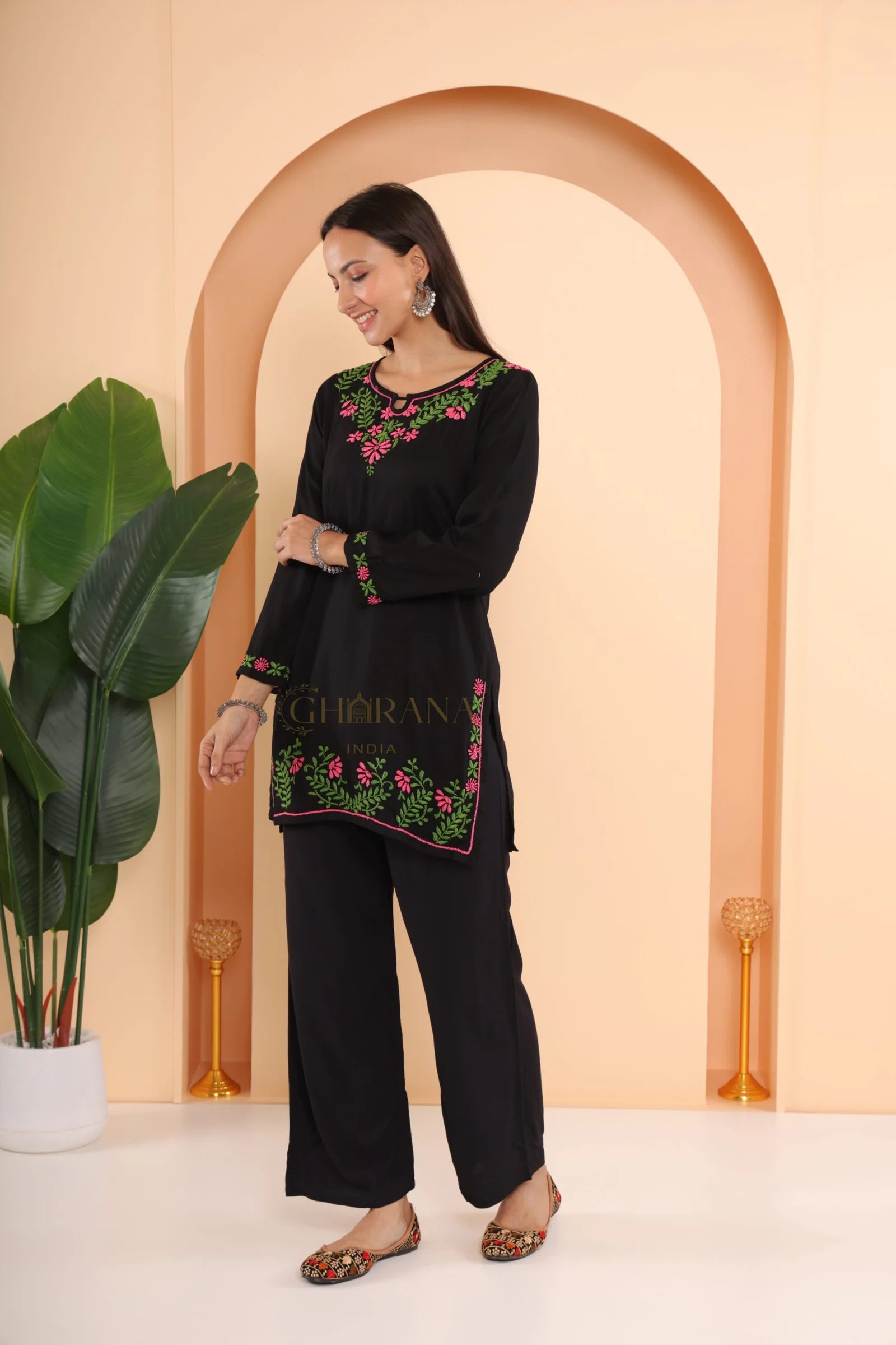 Ishq Modal 2 PC Black Chikankari Short Kurta set in Green and Pink
