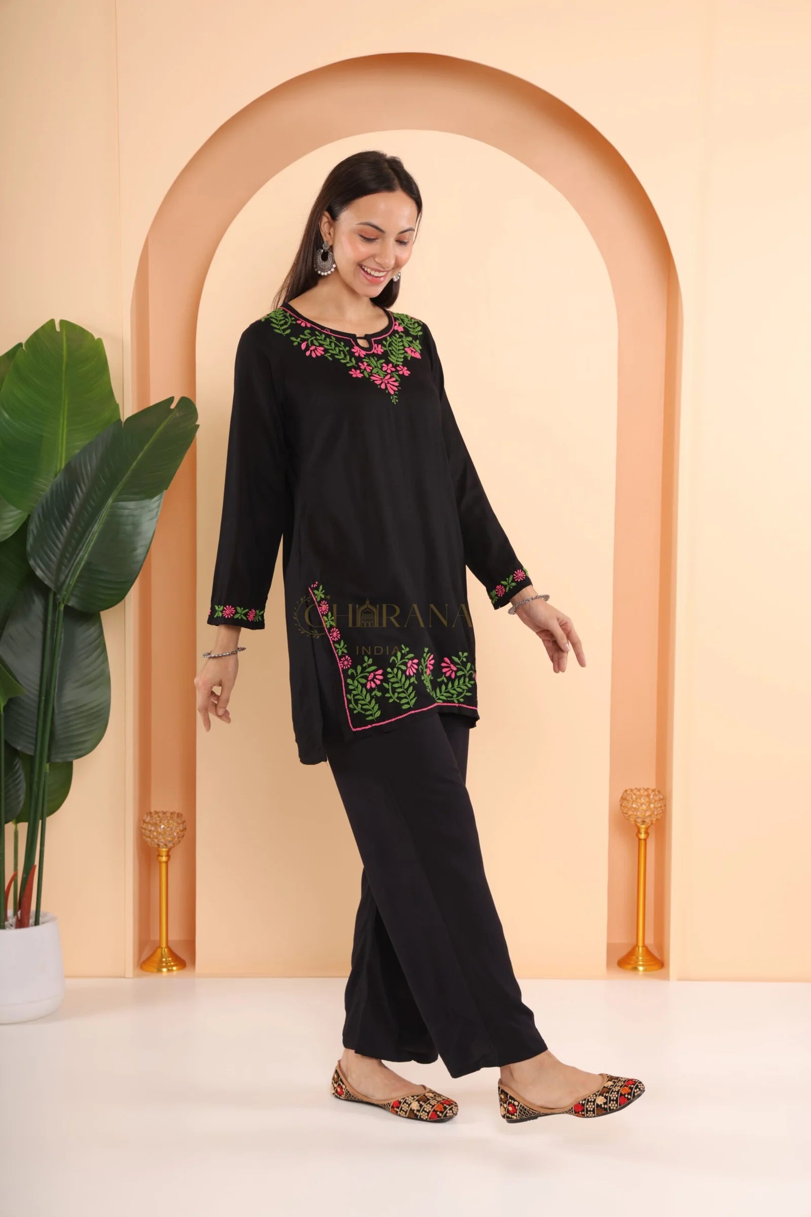 Ishq Modal 2 PC Black Chikankari Short Kurta set in Green and Pink