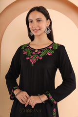 Ishq Modal 2 PC Black Chikankari Short Kurta set in Green and Pink