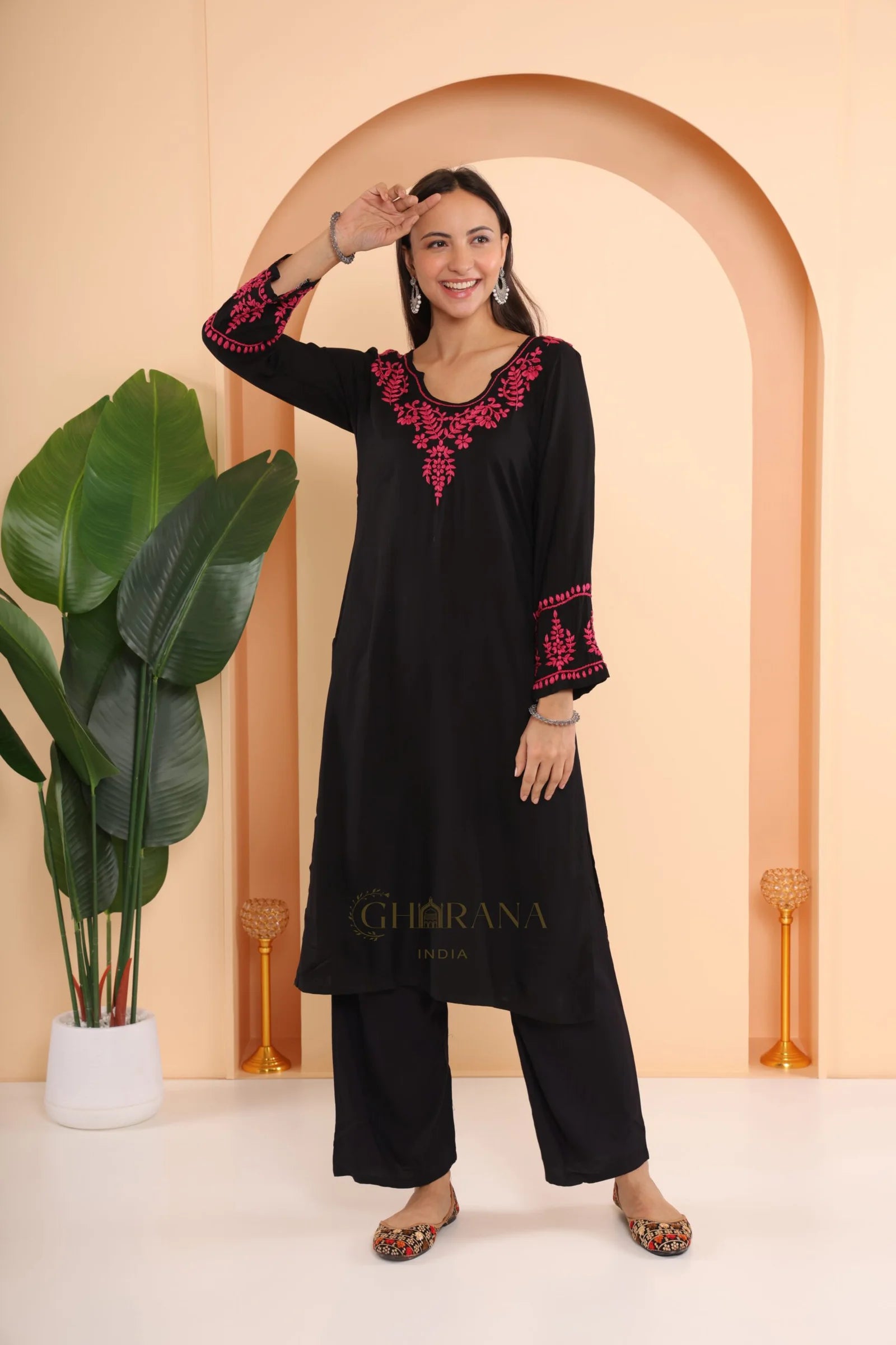 Ishq Modal 2 PC Black Chikankari Kurta set in Pink thread