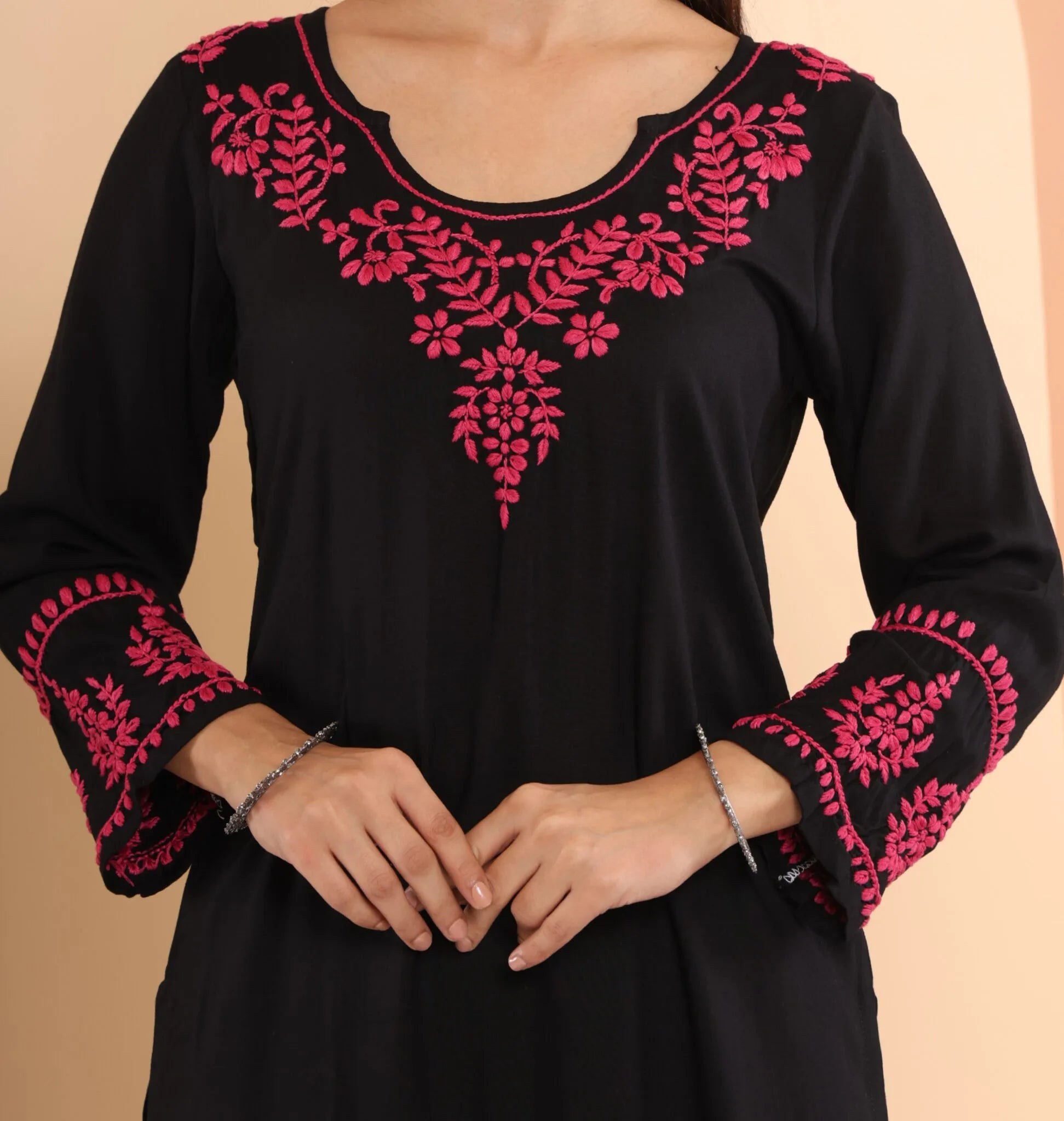 Ishq Modal Black chikankari Kurta in Pink embroidery