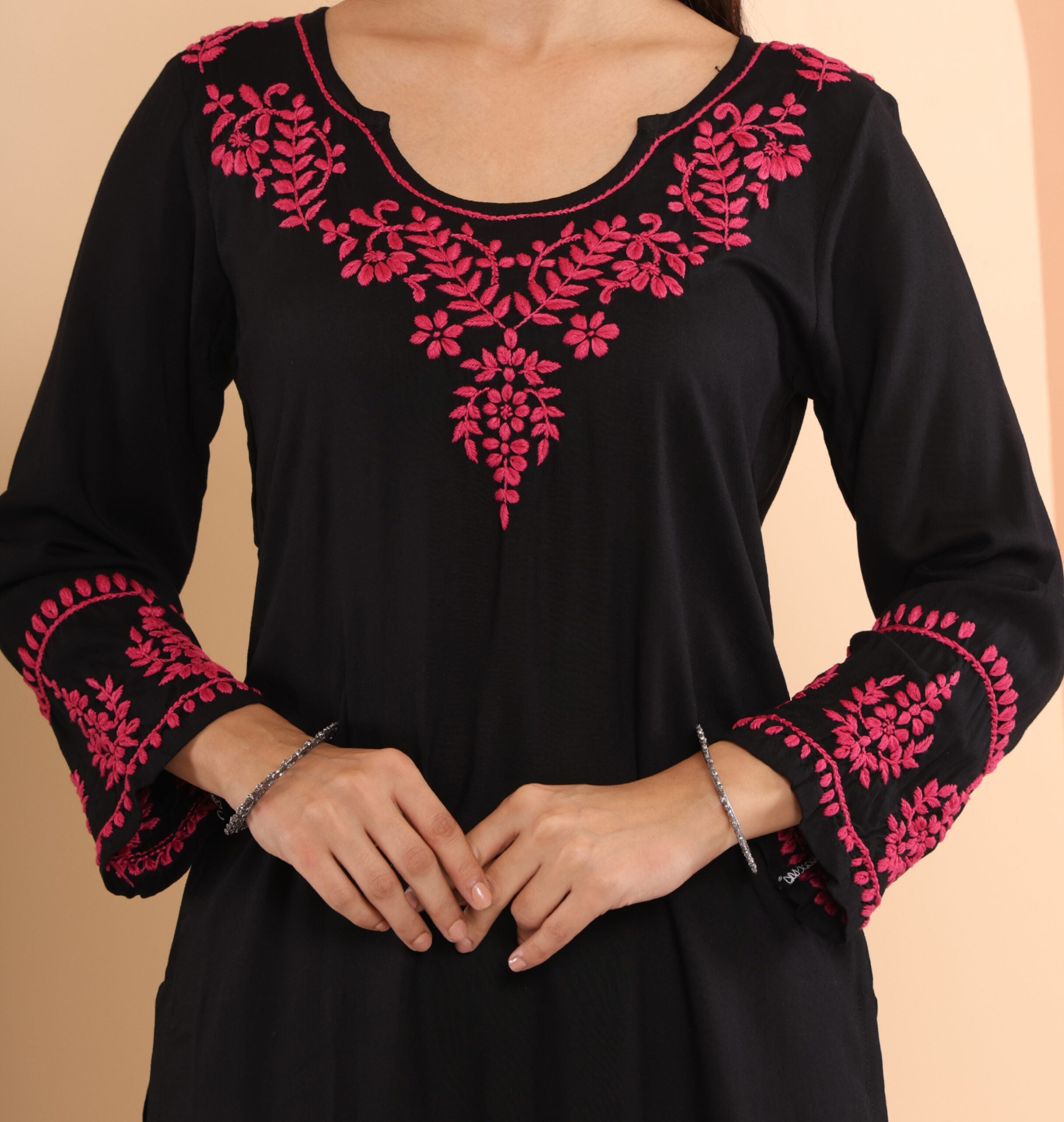 Ishq Modal Black chikankari Kurta in Pink embroidery