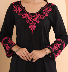 Ishq Modal Black chikankari Kurta in Pink embroidery