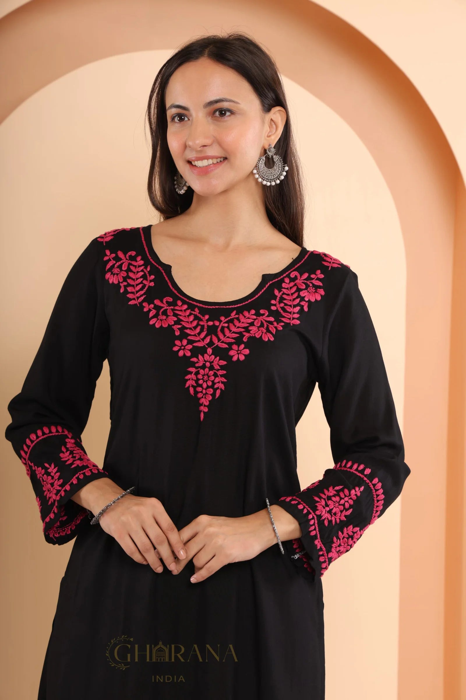 Ishq Modal 2 PC Black Chikankari Kurta set in Pink thread