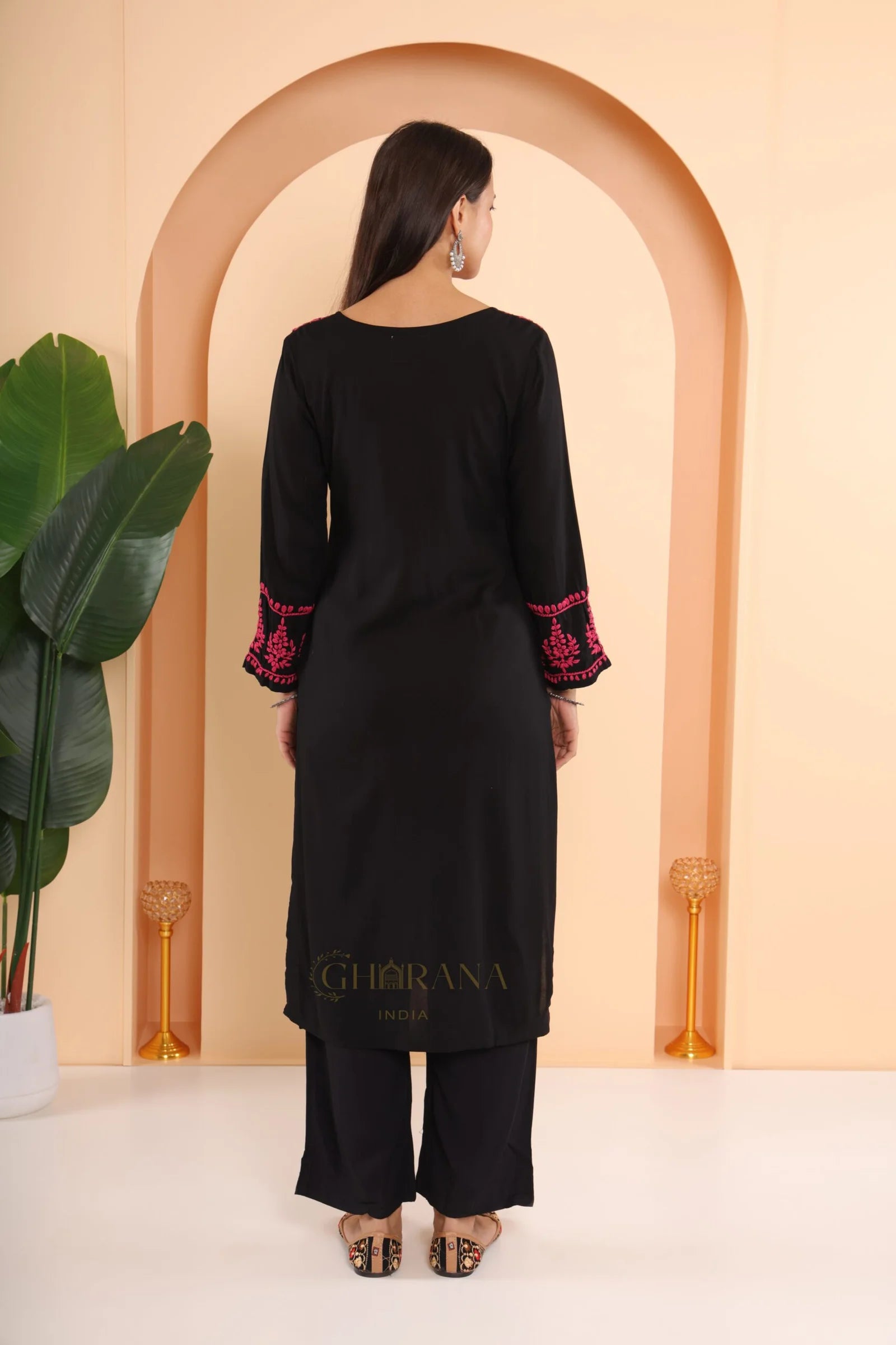 Ishq Modal 2 PC Black Chikankari Kurta set in Pink thread