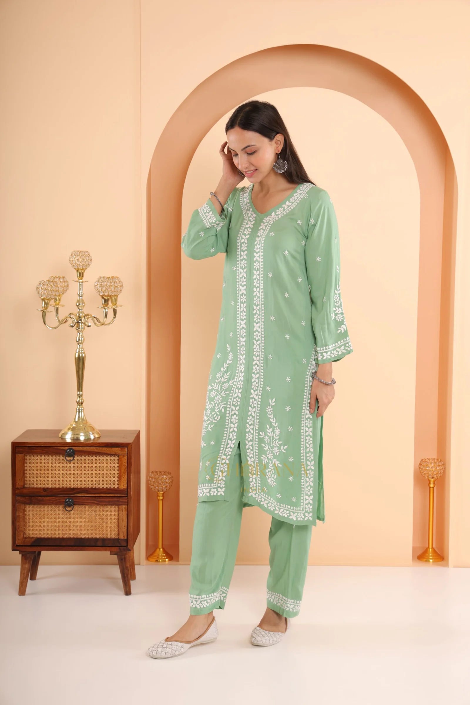 Sahiba Premium Modal Silk 2 PC Green Chikankari Kurta set