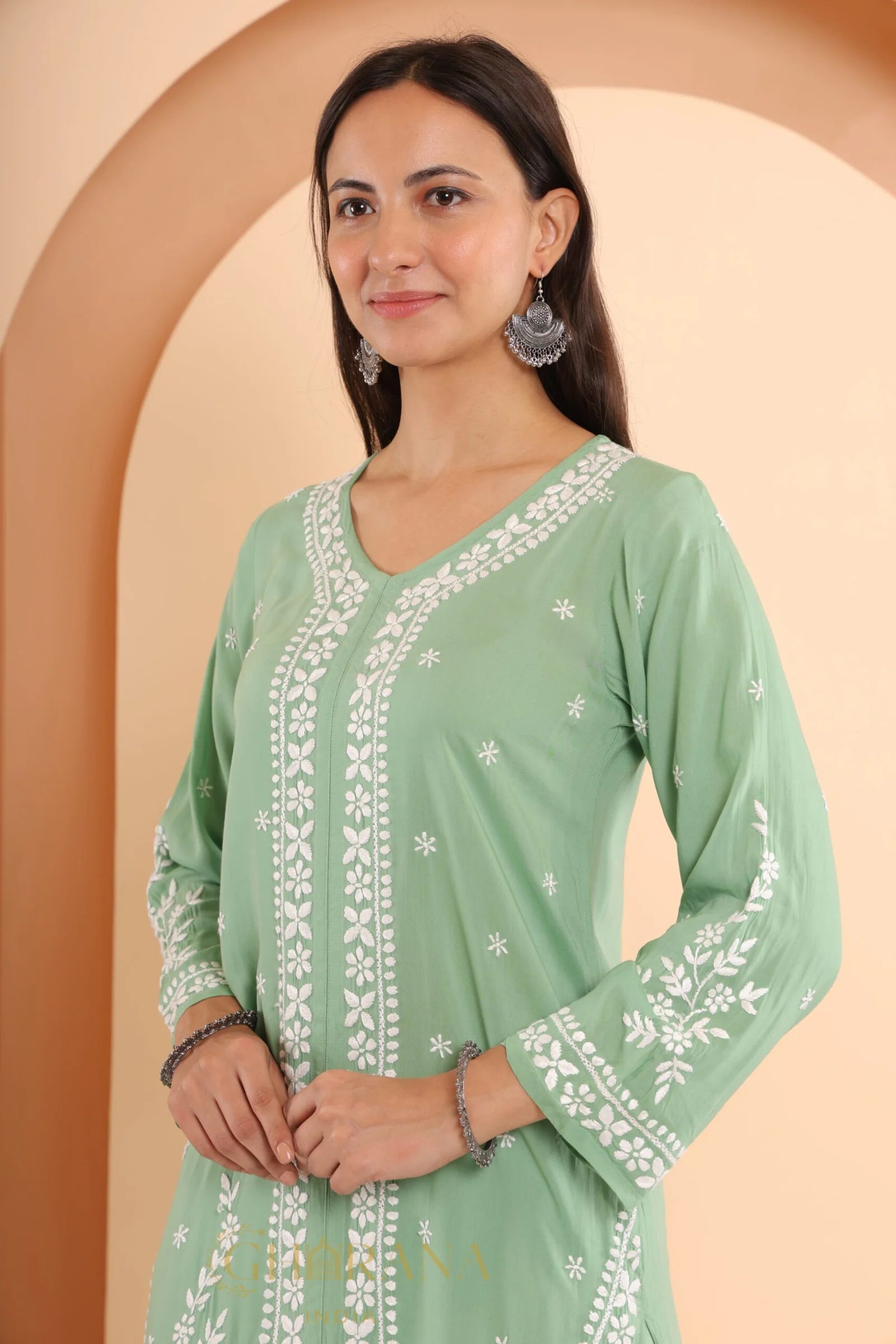 Sahiba Premium Modal Silk 2 PC Green Chikankari Kurta set