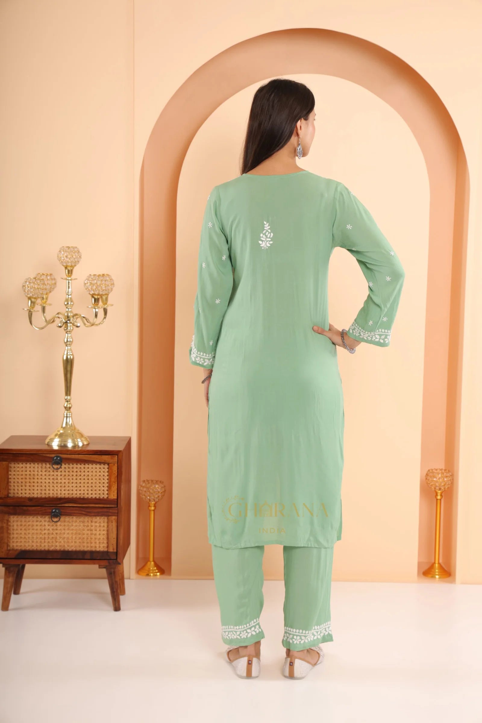 Sahiba Premium Modal Silk 2 PC Green Chikankari Kurta set