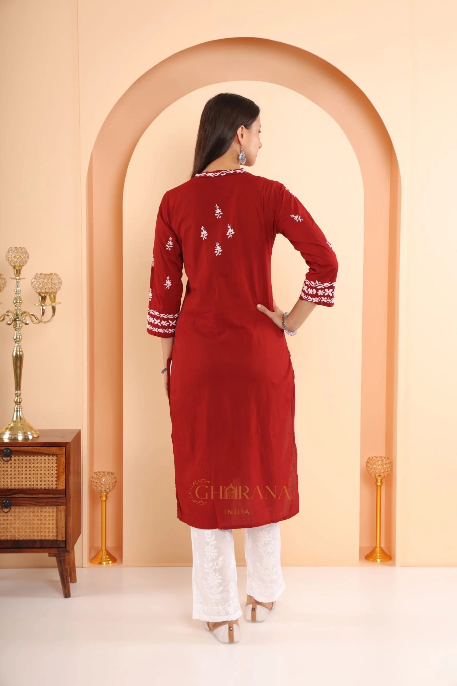 Sahiba Mul Cotton Maroon chikankari Kurta with intricate embroidery.