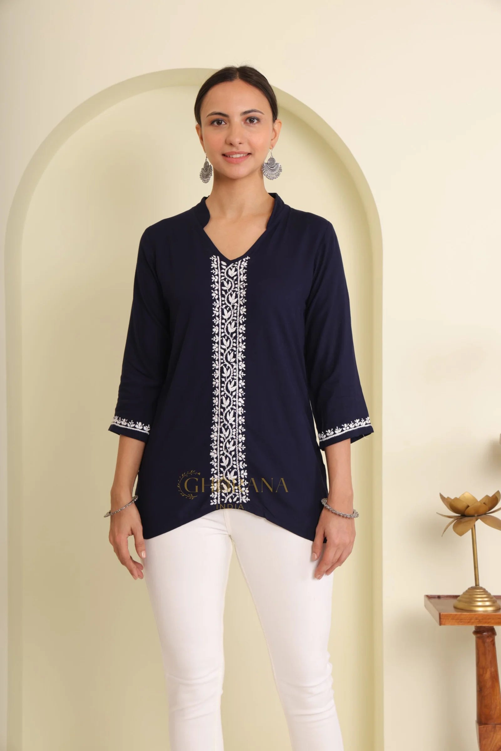 Ishq Rayon Navy Blue Chikankari Top with fine embroidery