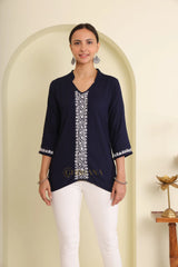 Ishq Rayon Navy Blue Chikankari Top with fine embroidery