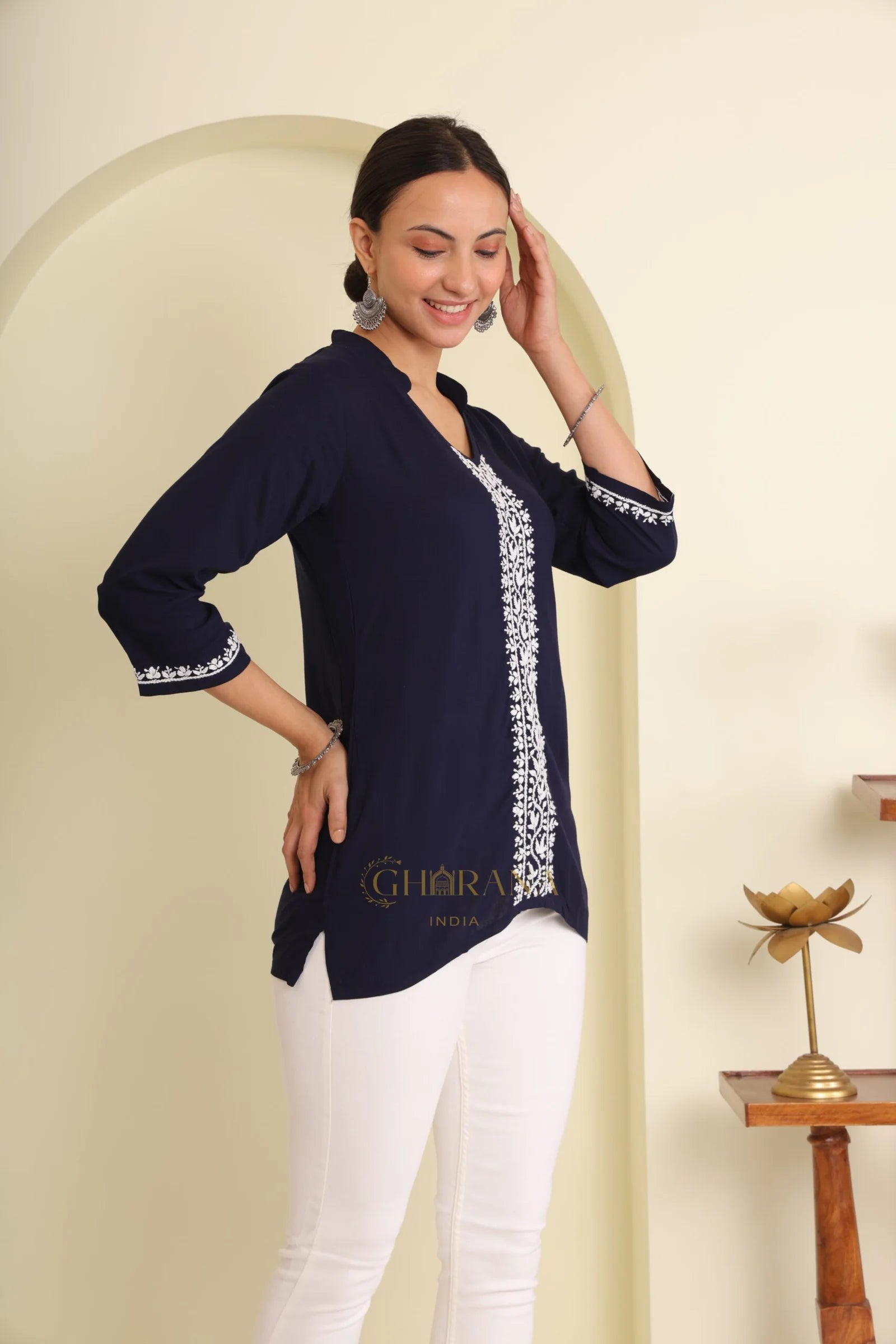 Ishq Rayon Navy Blue Chikankari Top with fine embroidery
