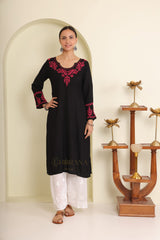 Ishq Modal Black chikankari Kurta in Pink embroidery