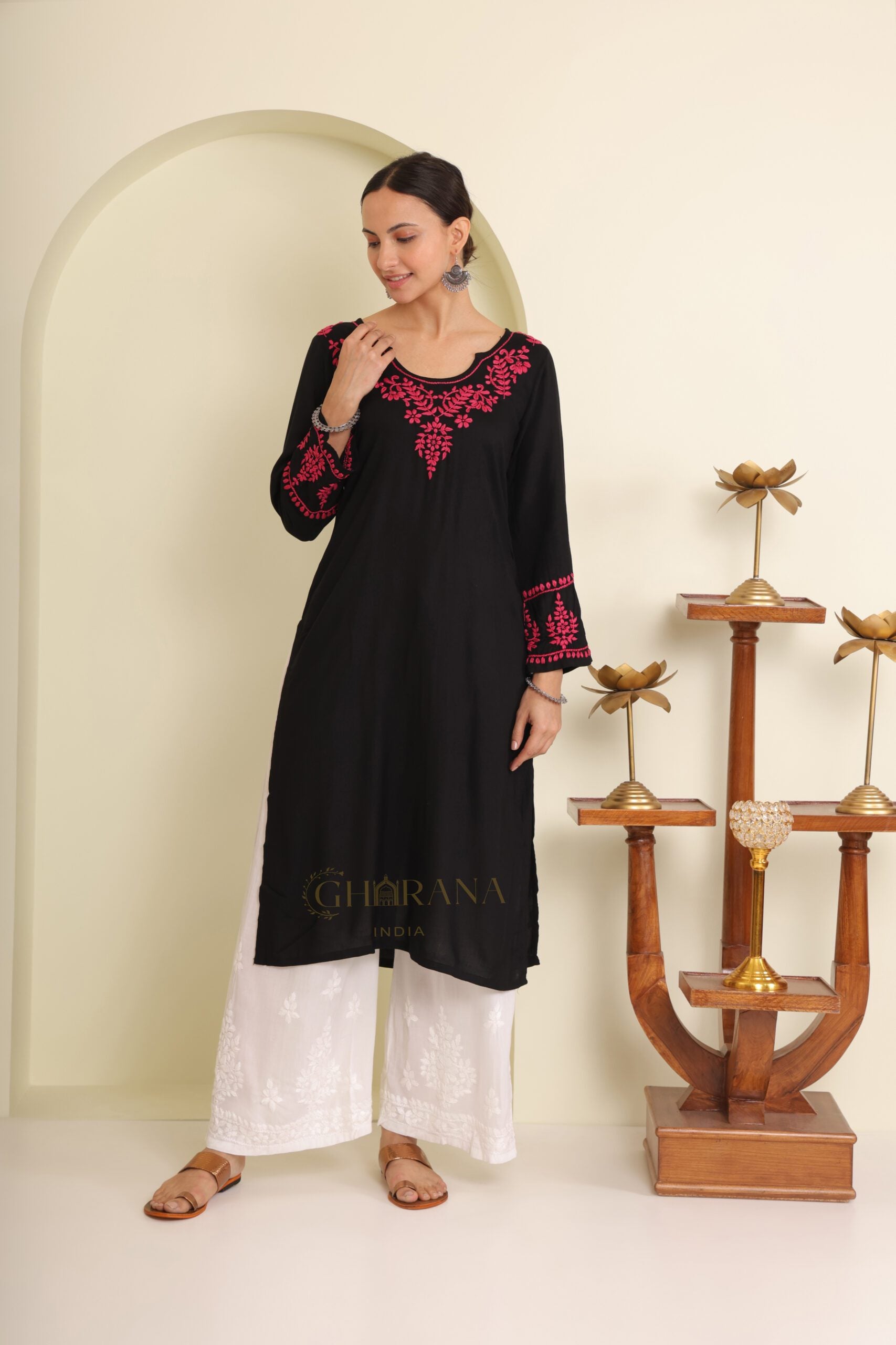 Ishq Modal Black chikankari Kurta in Pink embroidery