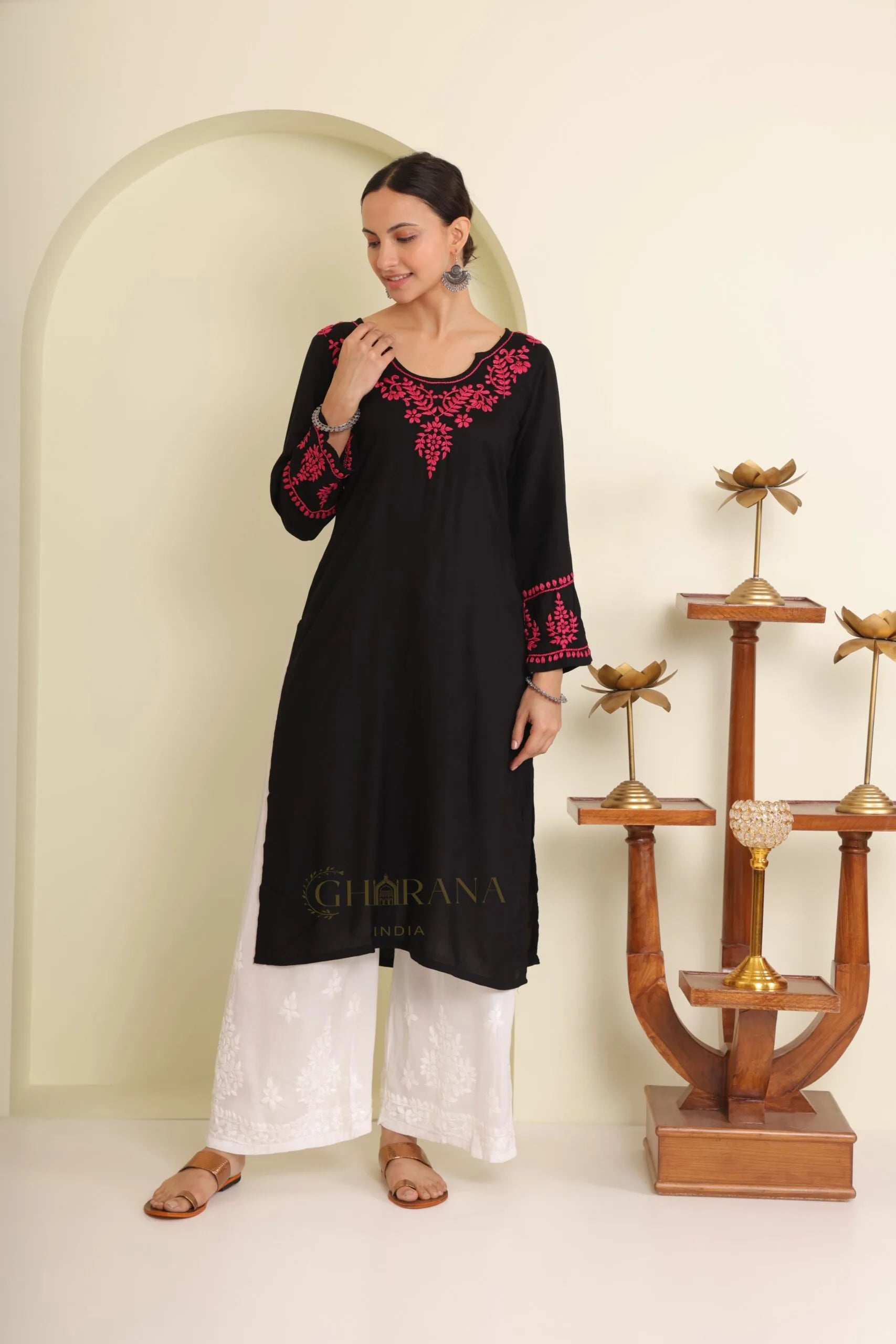 Ishq Modal Black chikankari Kurta in Pink embroidery