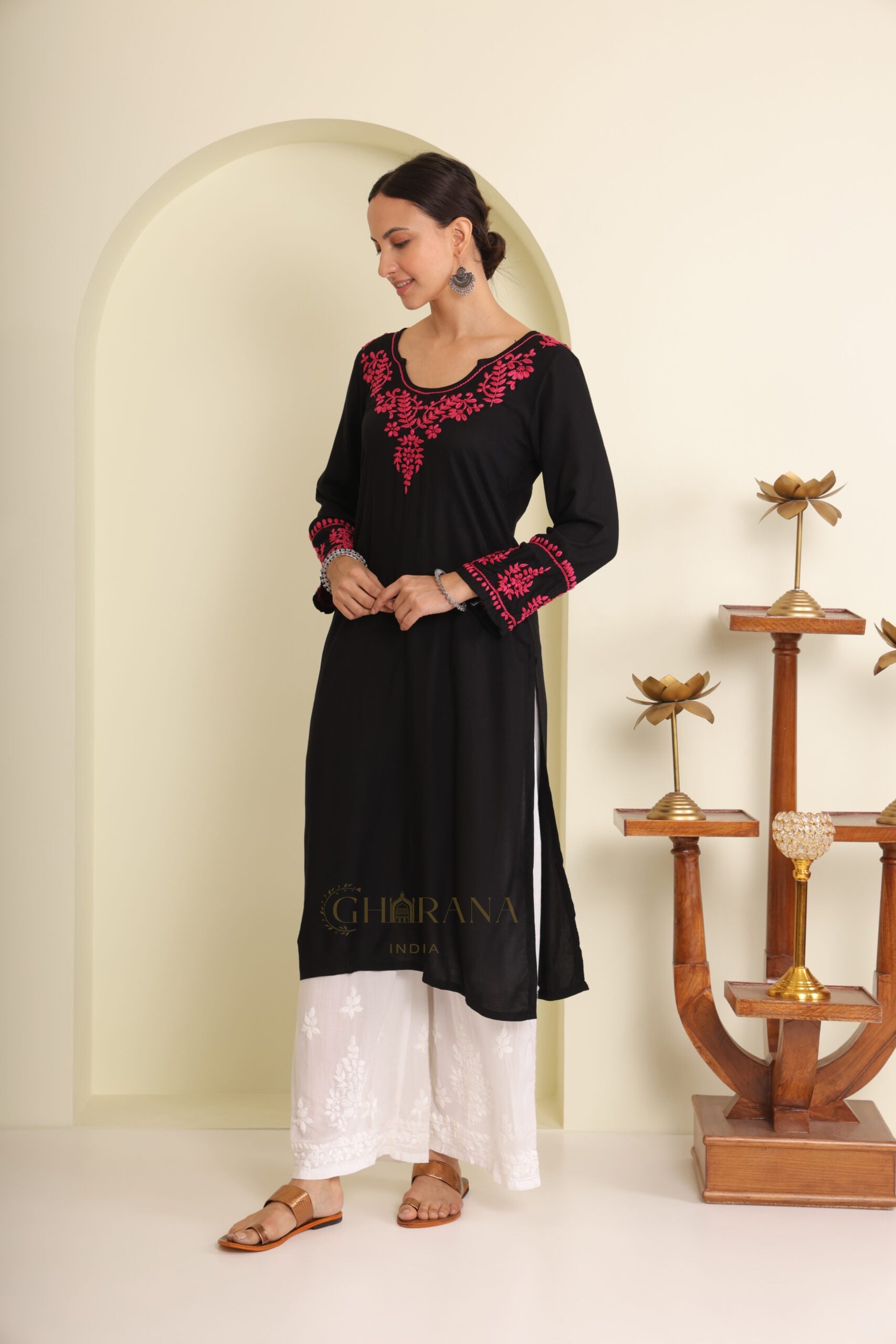 Ishq Modal Black chikankari Kurta in Pink embroidery