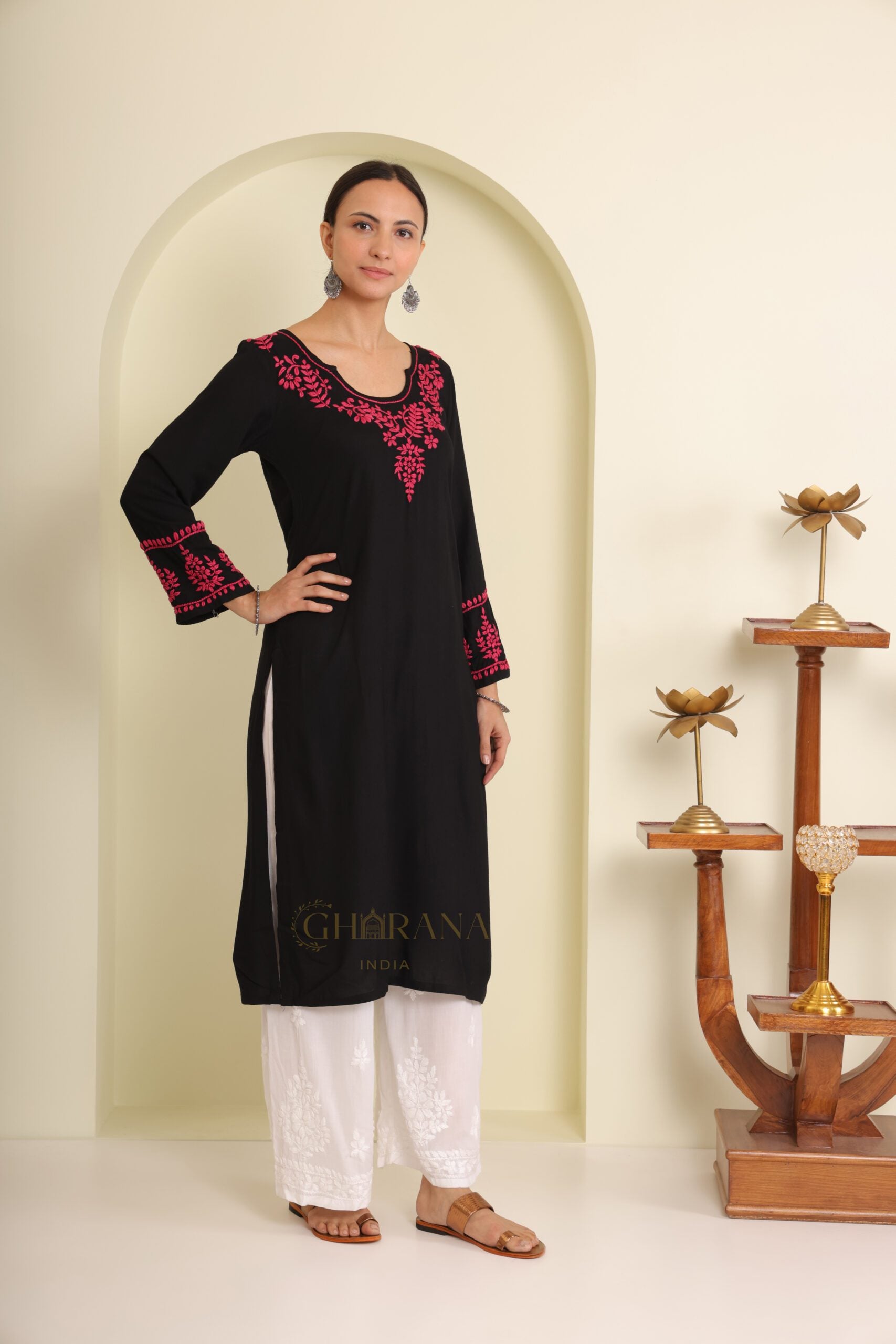 Ishq Modal Black chikankari Kurta in Pink embroidery