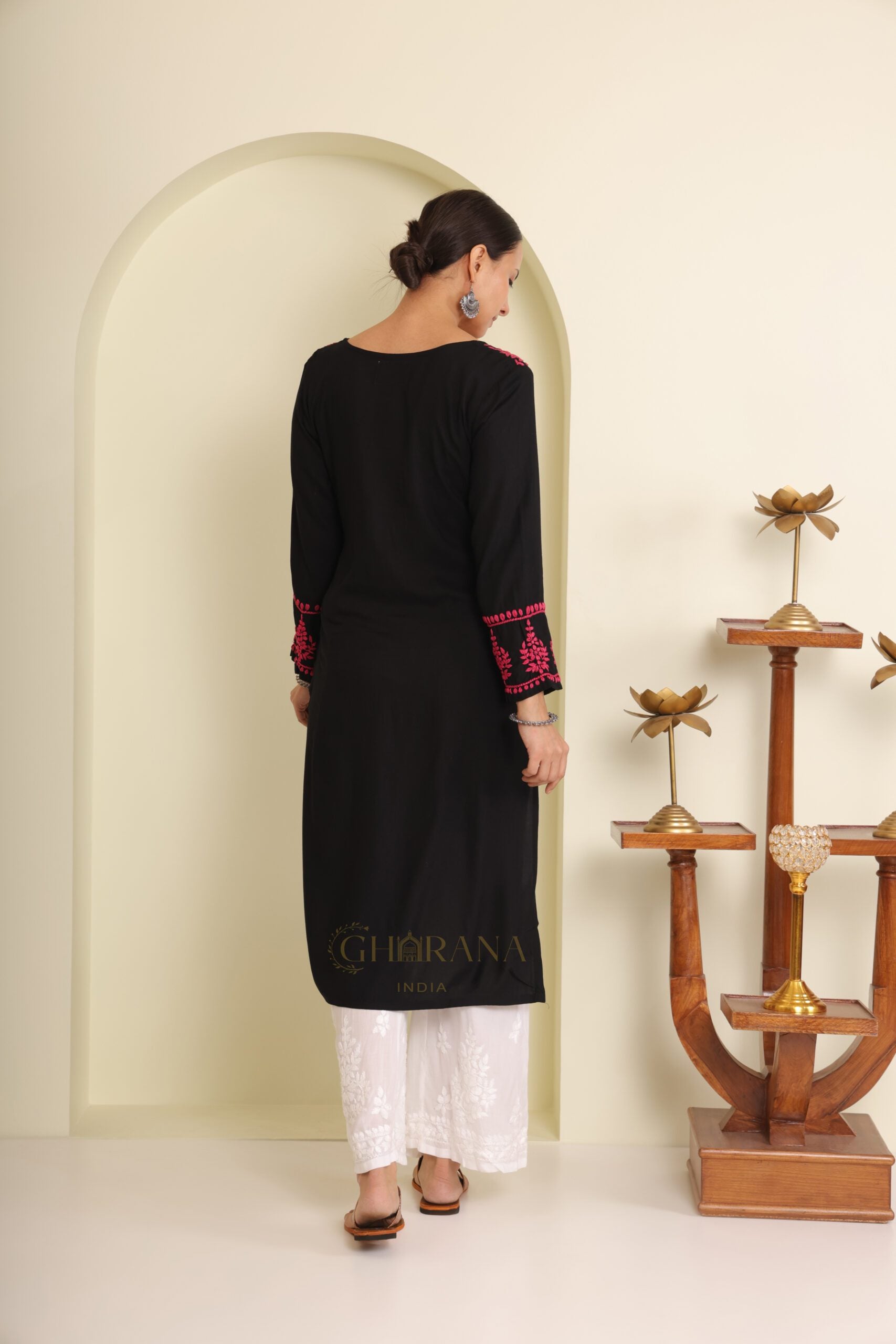 Ishq Modal Black chikankari Kurta in Pink embroidery
