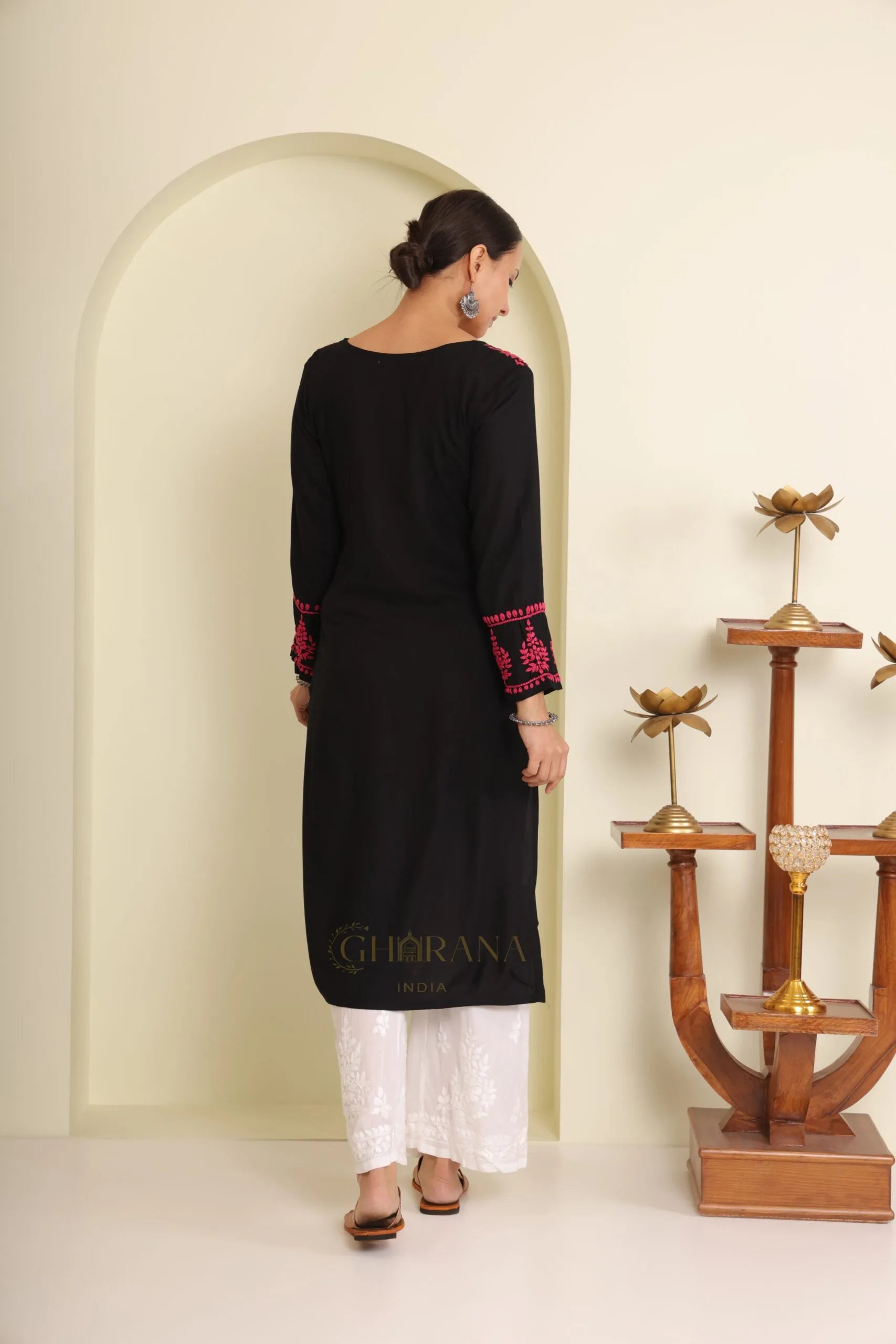 Ishq Modal Black chikankari Kurta in Pink embroidery