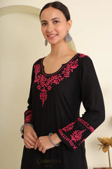 Ishq Modal Black chikankari Kurta in Pink embroidery