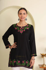 Ishq Modal Black chikankari Short Kurta in green and Pink