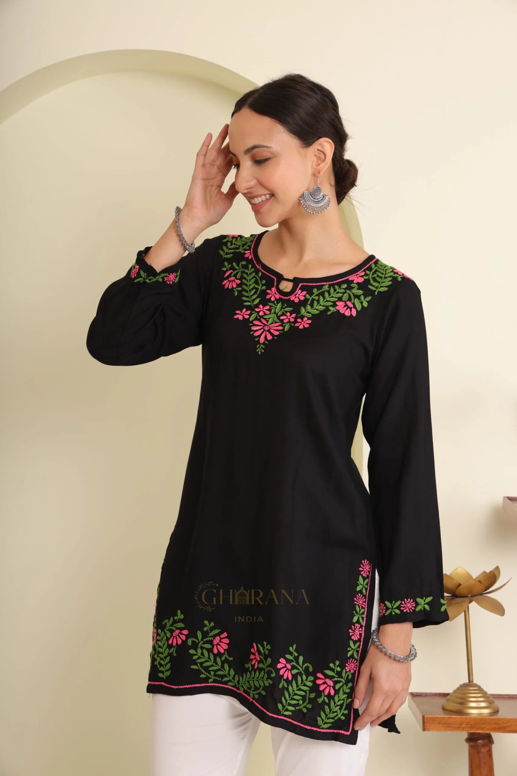 Ishq Modal Black chikankari Short Kurta in green and Pink