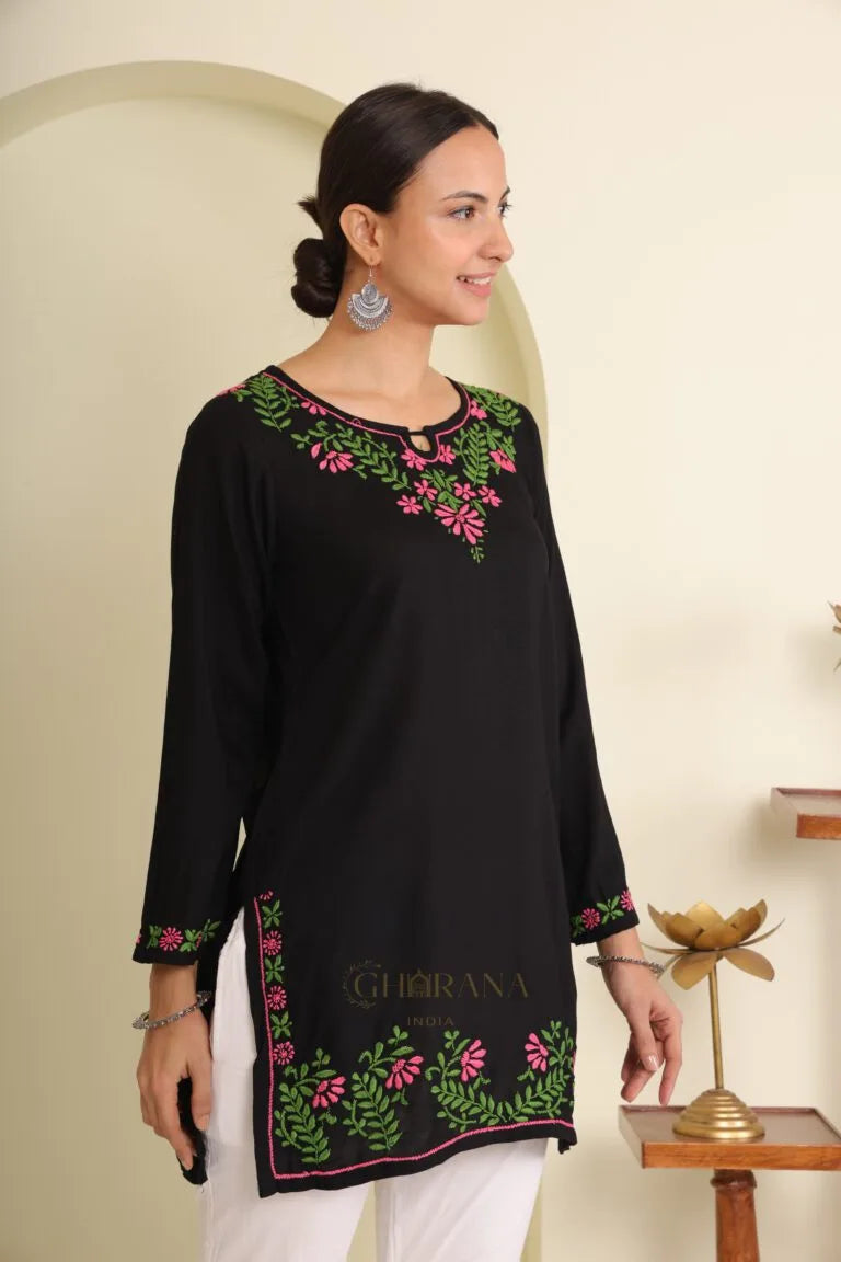 Ishq Modal Black chikankari Short Kurta in green and Pink