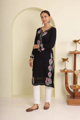 Ishq Luxury Rayon Black Chikankari Kurta in light Green and Pink