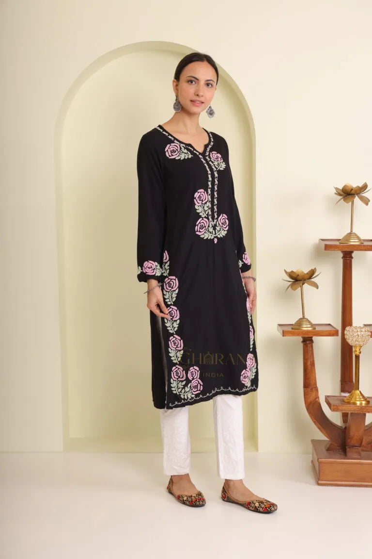 Ishq Luxury Rayon Black Chikankari Kurta in light Green and Pink
