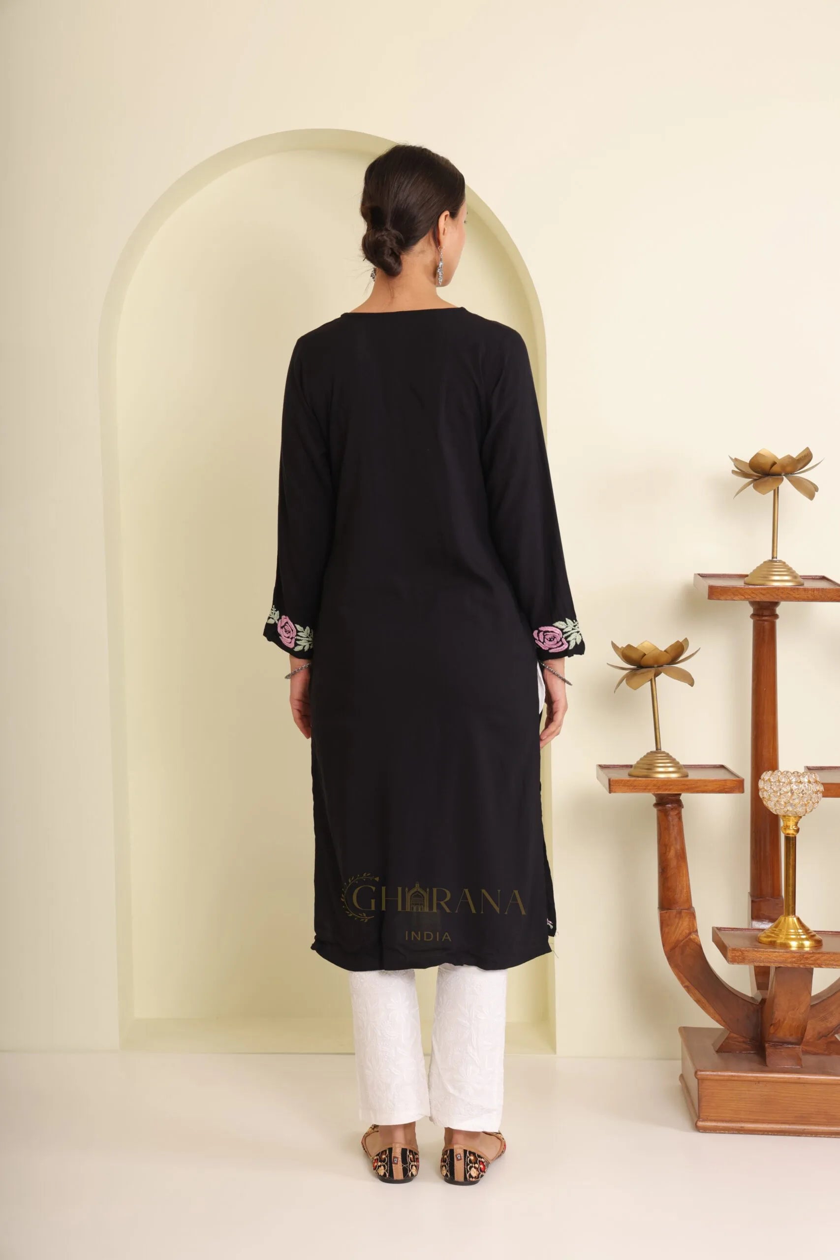 Ishq Luxury Rayon Black Chikankari Kurta in light Green and Pink