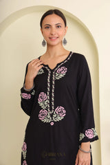 Ishq Luxury Rayon Black Chikankari Kurta in light Green and Pink