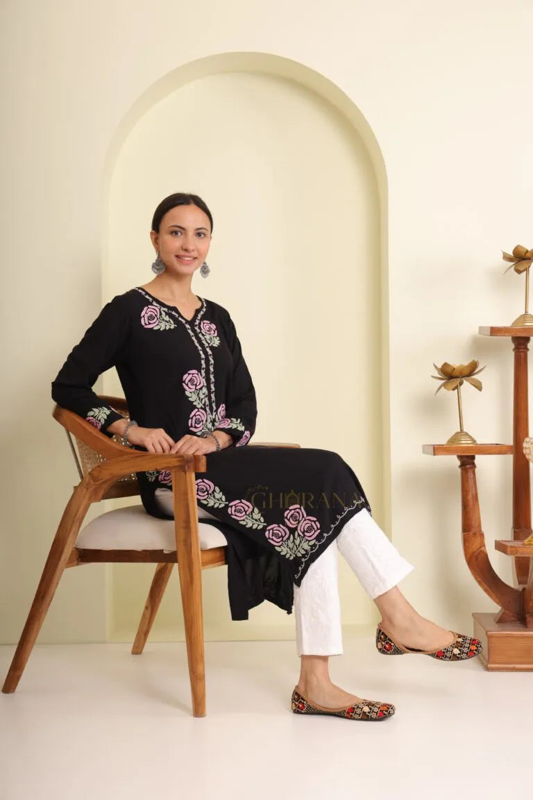 Ishq Luxury Rayon Black Chikankari Kurta in light Green and Pink