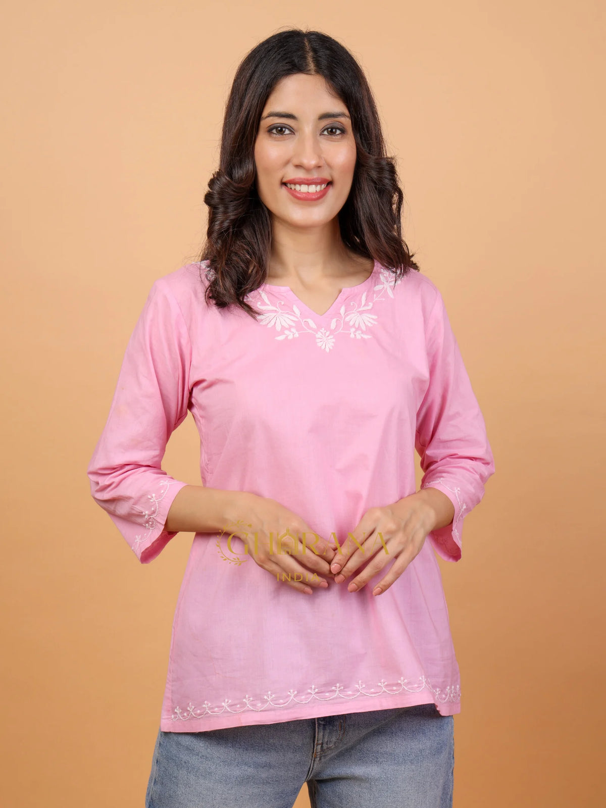 Sahiba Pure Cotton Pink Chikankari Short Top