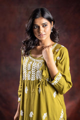 Ishq Rayon Olive Green Angrakha Style Chikankari kurta