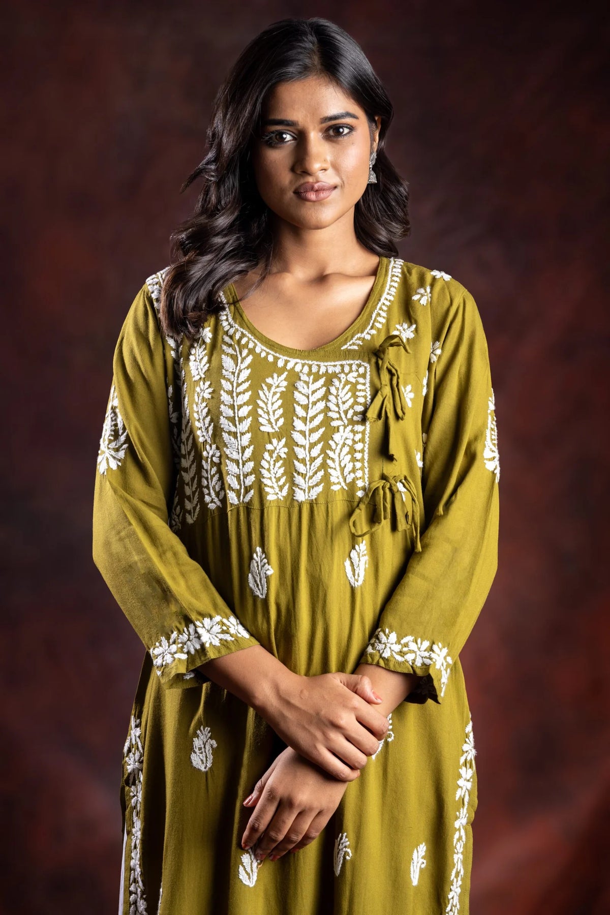 Ishq Rayon Olive Green Angrakha Style Chikankari kurta