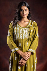 Ishq Rayon Olive Green Angrakha Style Chikankari kurta