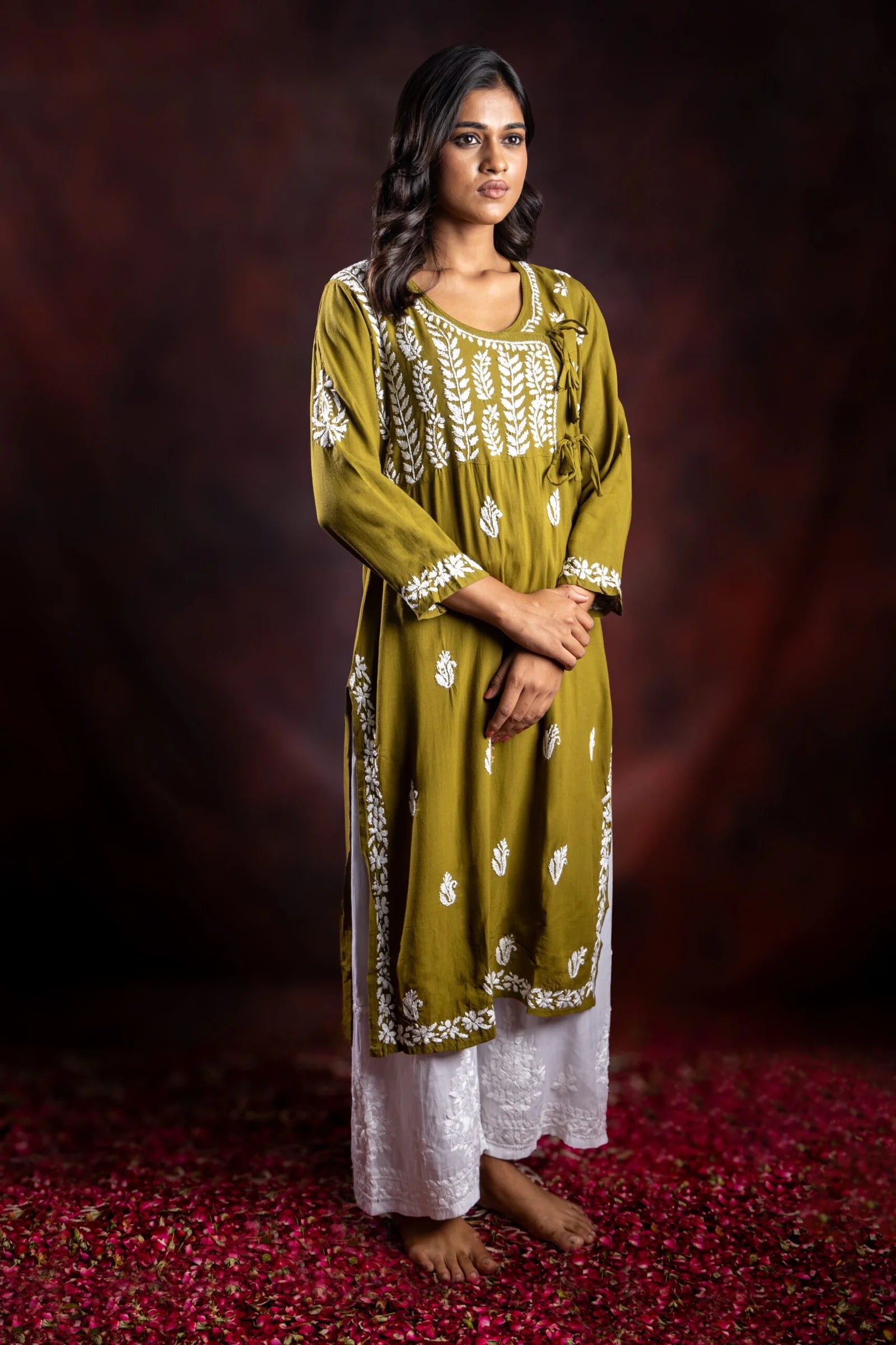 Ishq Rayon Olive Green Angrakha Style Chikankari kurta