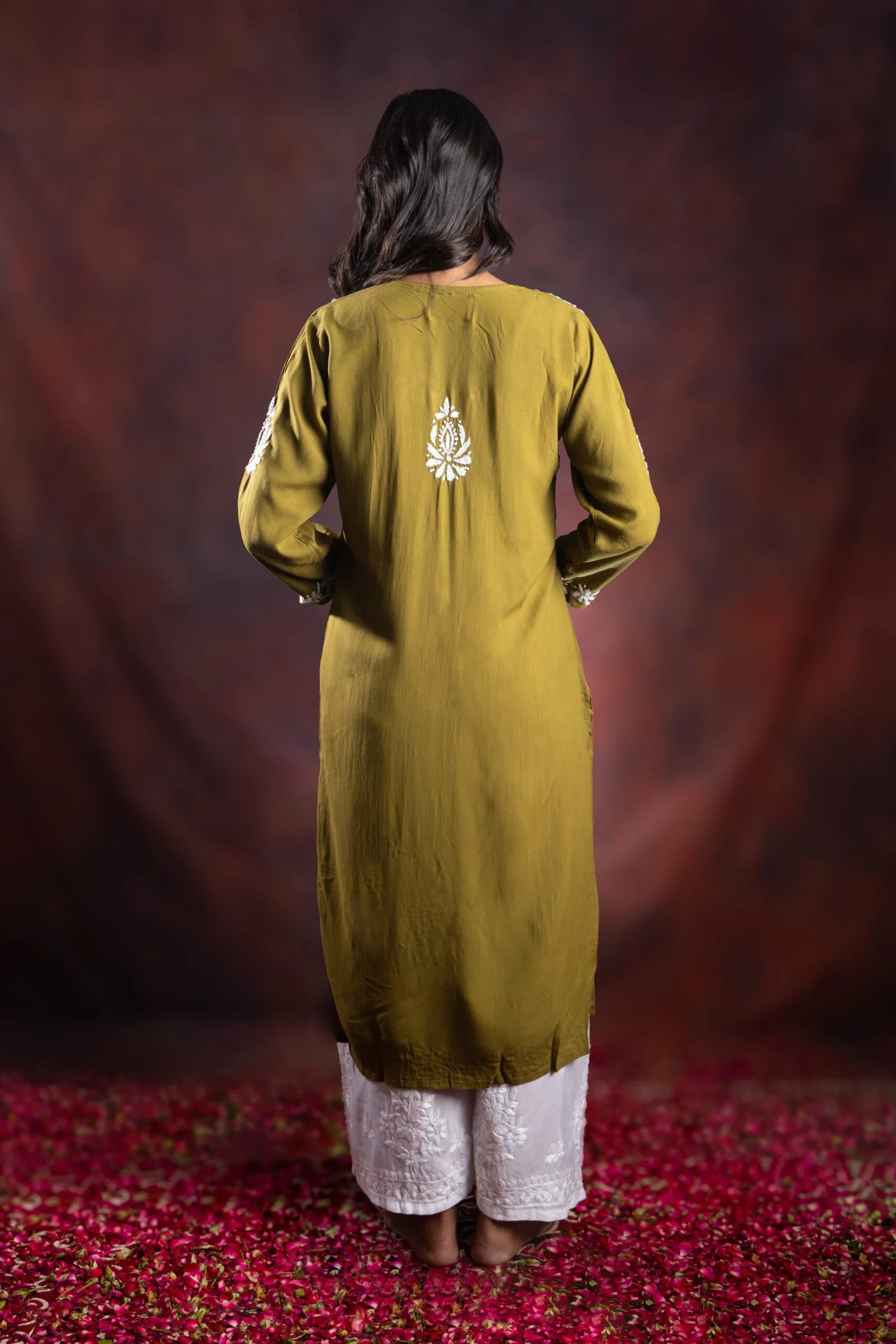 Ishq Rayon Olive Green Angrakha Style Chikankari kurta